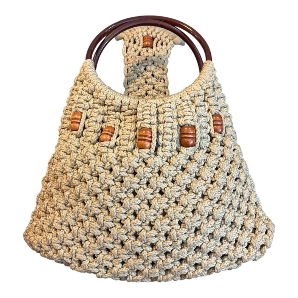Vintage Handmade Cream/Tan Macramé Hobo Bag with Wooden Accents - Picture 2 of 5